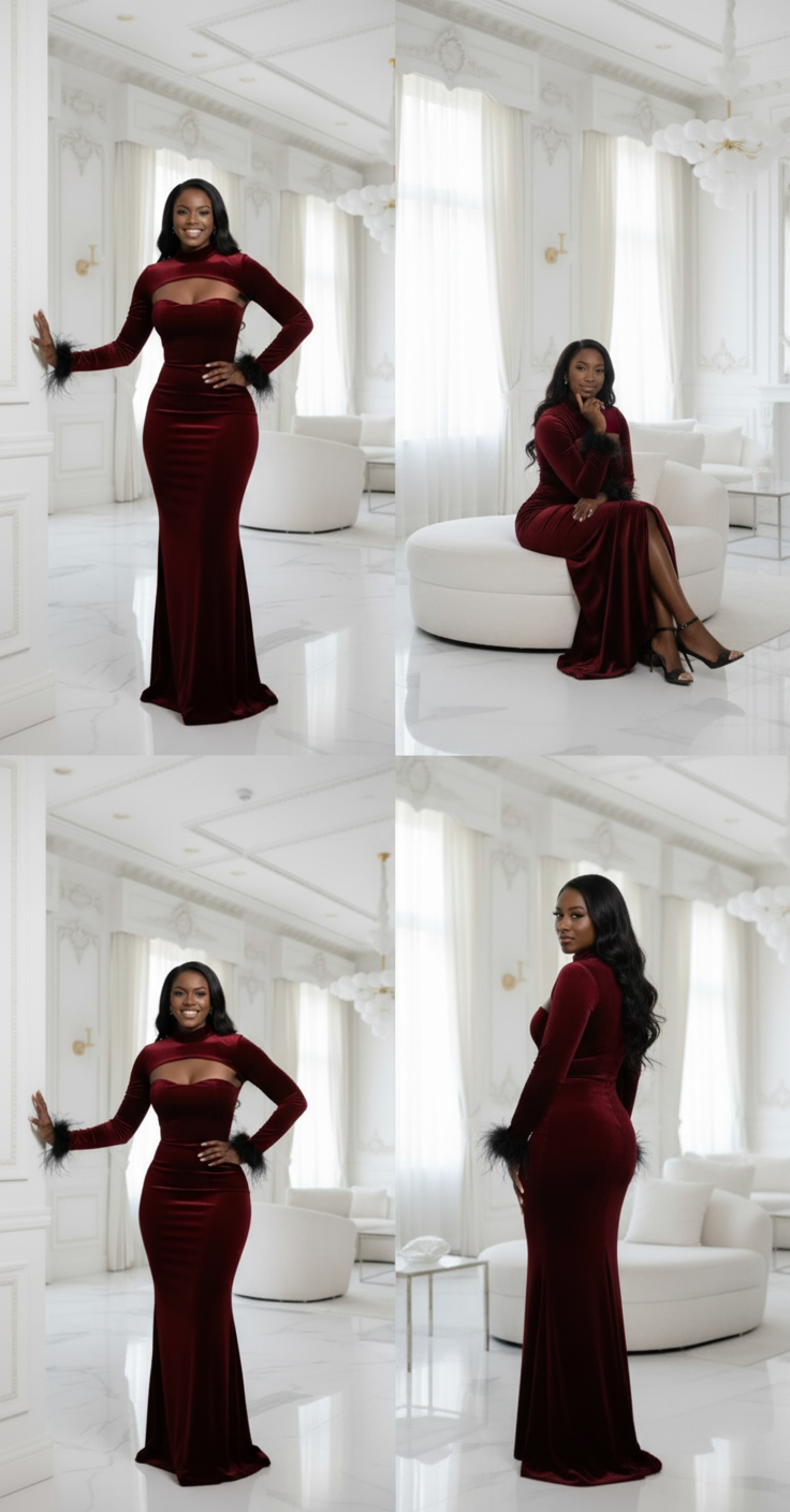 Red Velvet Long Dress With Bolero