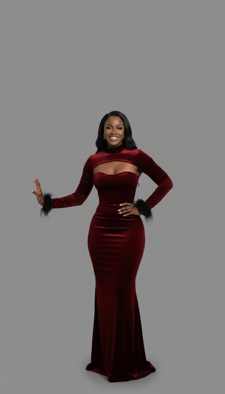 Red Velvet Long Dress With Bolero