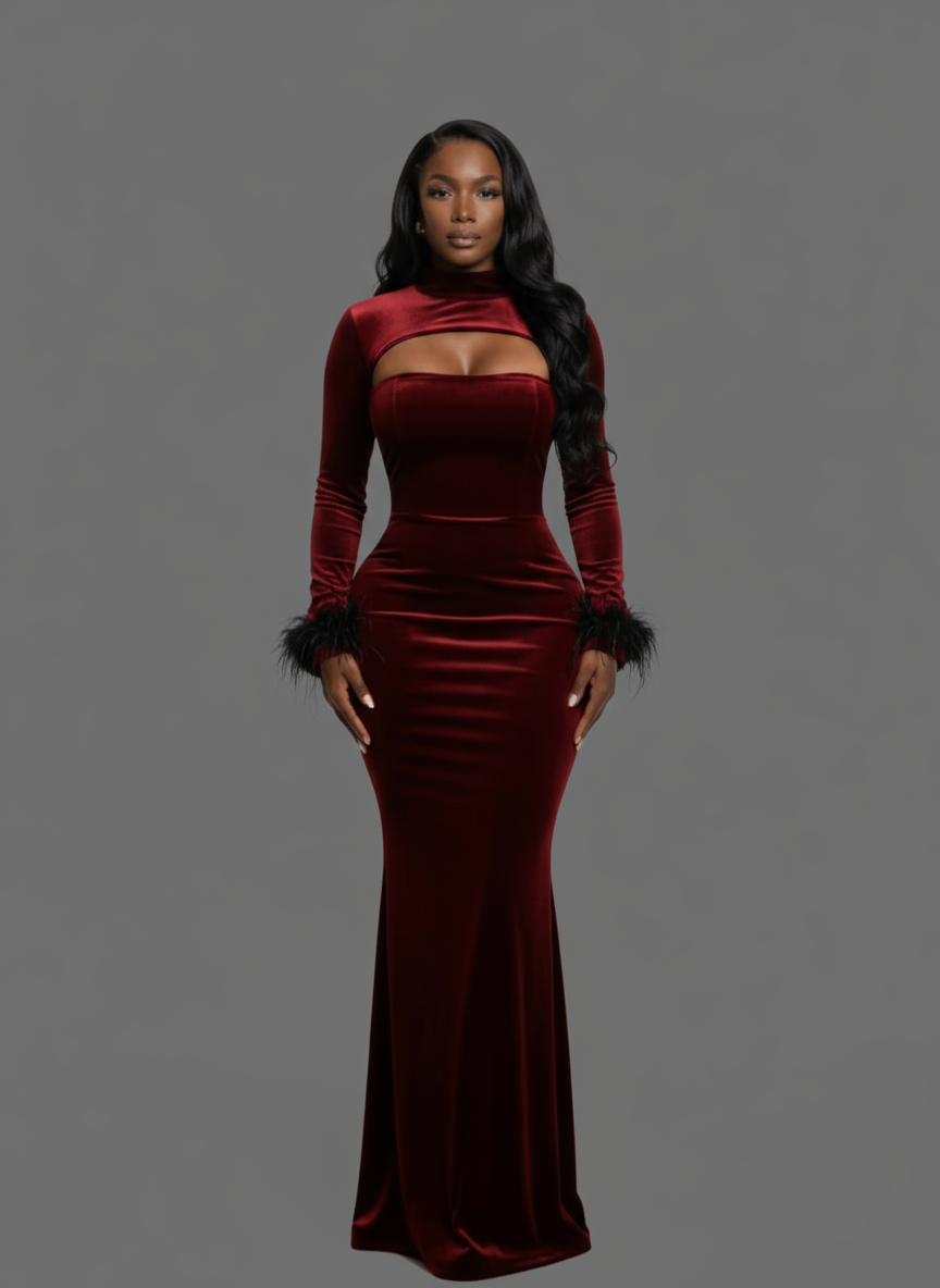 Red Velvet Long Dress With Bolero