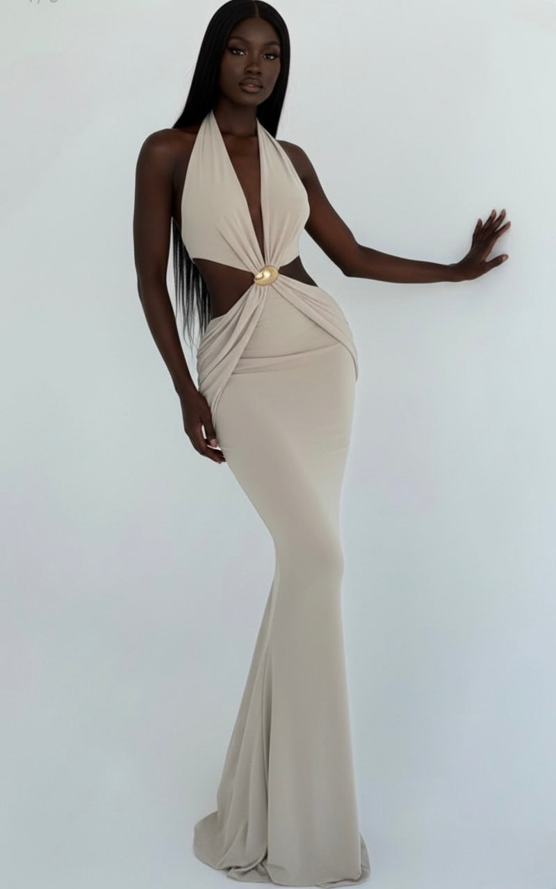 floor-length gown elegant shade of beige or pale nude.