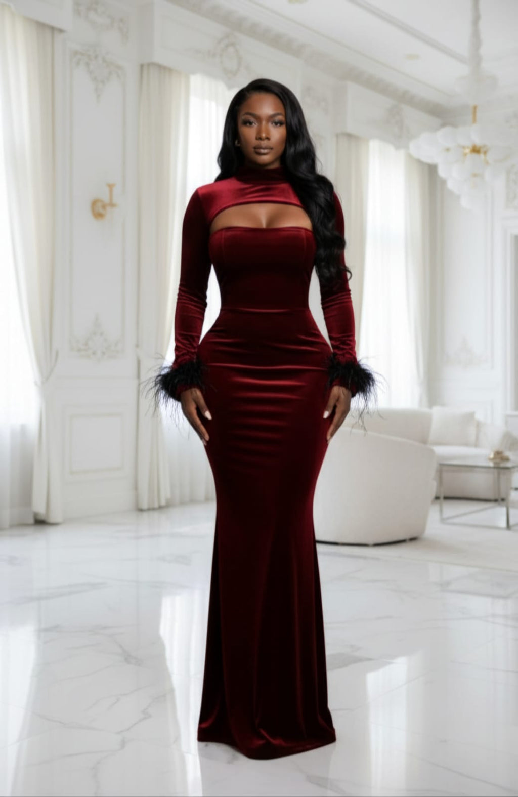 Red Velvet Long Dress With Bolero